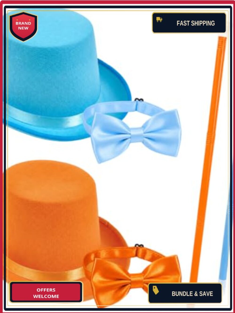 6 Pc Costume Set Top Hats Bow Ties Canes One Size Cosplay Halloween